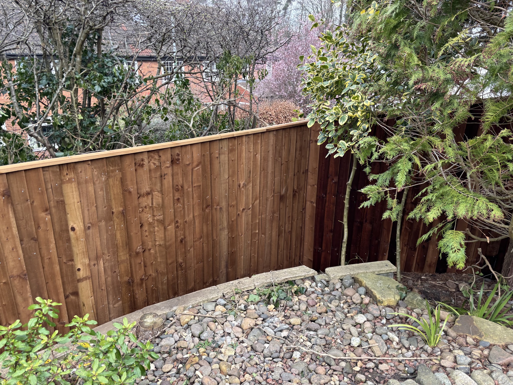 Freshly fitted timber fence behind a rockery garden